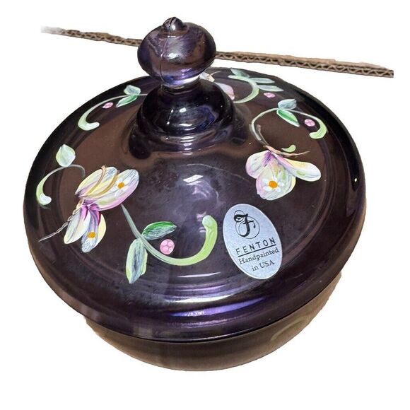 Fenton Other - Fenton Amethyst Iridescent Hand Painted Floral Glass Lidded Candy Dish G Louise